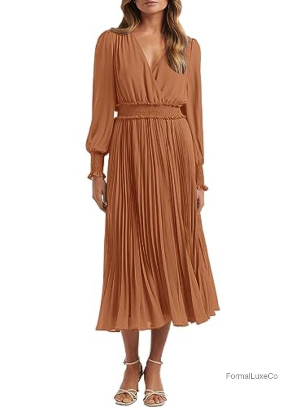 PRETTYGARDEN Women's Wrap V Neck Midi Dress Long Sleeve Smocked Pleated Ruffle